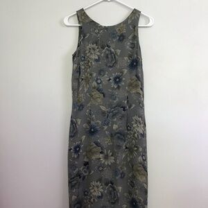 Vintage Casual Corner Silk Gray Blue Green Floral Print Sheath Dress Sz 2 Long